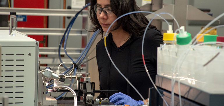 Romero fine-tunes the instrumentation for her experiment on the world-record 21-tesla FT-ICR mass spectrometer.