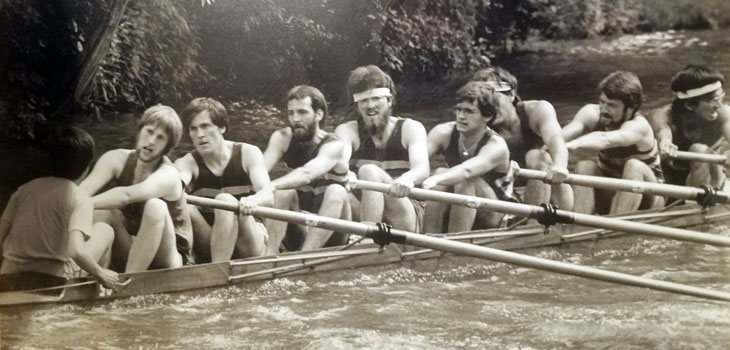 MagLab Director Greg Boebinger (fifth from right) is not thinking about science as he rows hard for Cambridge University.