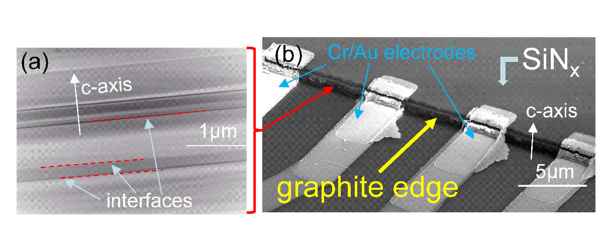 (a) Photo of a natural graphite sample. (b) Scanning transmission electron microscopy image showing the internal structure of the sample with its interfaces located between regions of different shades of gray.