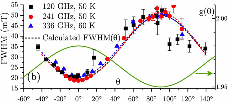 Experimental ESR linewidth obtained using the high-frequency NMFL facilities (dots) as a measure of decoherence, compared to the calculated values using our model.