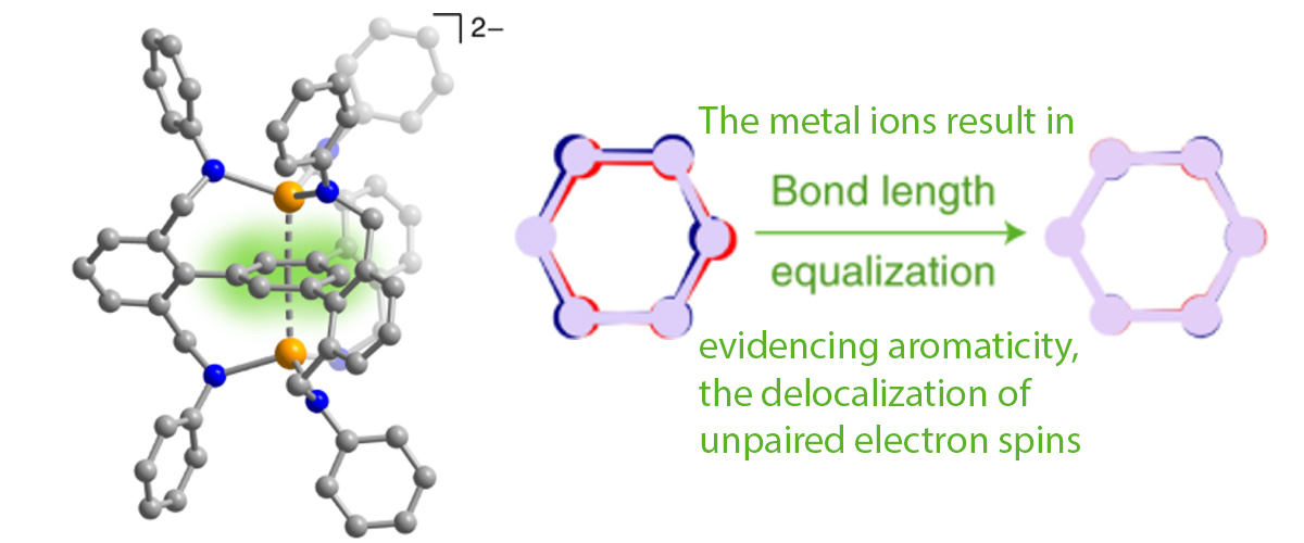 The six-carbon benzene ring (highlighted in green) is stabilized via the surrounding rigid ligand scaffold, with the pair of metal ions (M = Y or Gd) above and below, further promoting the magnetic (triplet) ground state. The delocalized nature (aromaticity) of the unpaired electrons manifests as an equalization of the carbon-carbon bond lengths (right), resulting in an undistorted ring structure