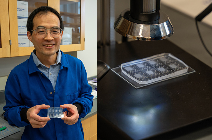 (Left) Professor Xiangpeng Li in his lab holding a microfluidics device.  (Right) The piece of silicone is etched with tiny channels to control flow of microdroplets, allowing rapid screening and sorting of microbes in the search for new antibiotics.