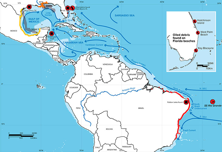 A map of ocean currents along the coast of Brazil through the Caribbean and Gulf to Florida and the locations where oiled debris was found.