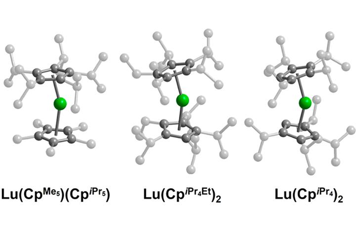These three types of special molecules contain the element lutetium (green). The gray atoms are carbon, and the smallest hydrogen atoms are left out to keep things clear.