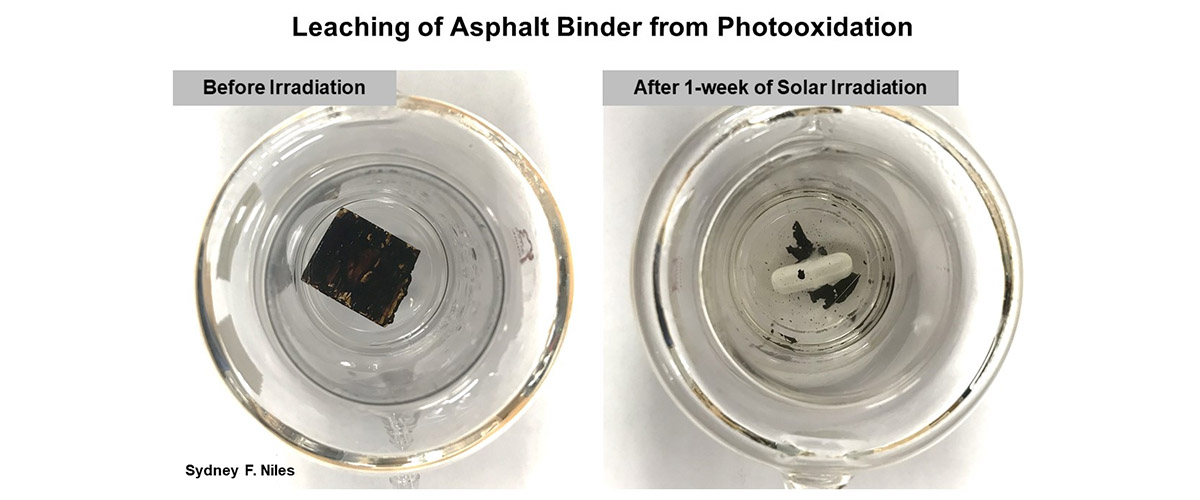 Photos of asphalt binder before and after being exposed to water and a solar simulator for a week.