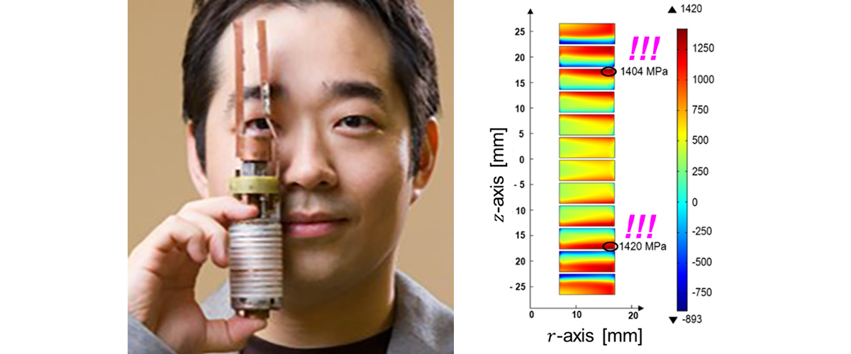 Left: Little Big Coil 9, with Dr. Bang for scale, generated a world-record 48.7 tesla. Right: Extraordinarily high stress of more than 1 GPa yields the very strong superalloy substrate on which the superconducting REBCO layer is grown, cracking it and limiting the field.
