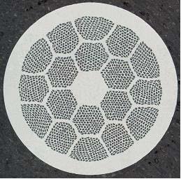 A cross-section of Bismuth-2212 superconducting wire. The dark dots are the filaments that carry current with zero resistance.