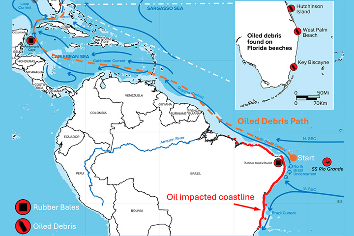 Illustration of a map showing the plastic travel from Brazil to Florida