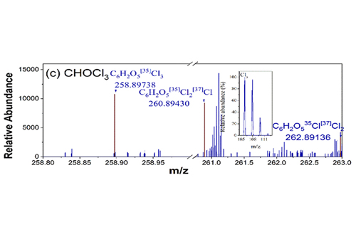 Representative DBP molecular formula identifications for a molecule that contains two chlorine atoms. Confident assignment requires the ultrahigh mass resolving power and mass accuracy provided by 21T FT-ICR MS
