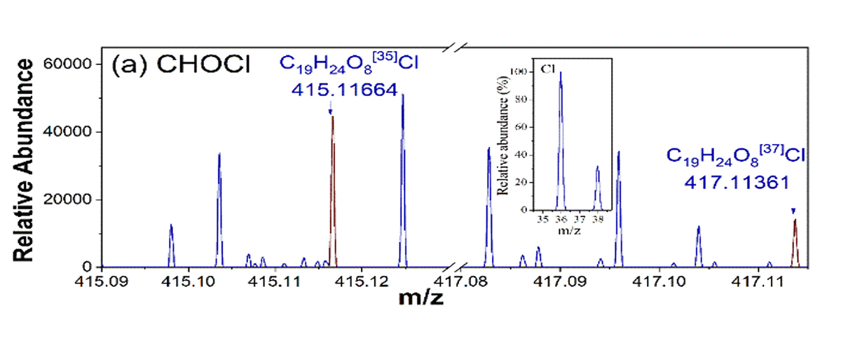 Representative DBP molecular formula identifications for a molecule that contains (a) one chlorine atoms. Confident assignment requires the ultrahigh mass resolving power and mass accuracy provided by 21T FT-ICR MS.
