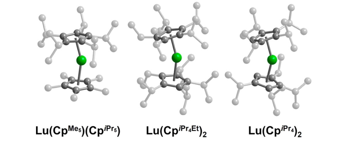 These three types of special molecules contain the element lutetium (green). The gray atoms are carbon, and the smallest hydrogen atoms are left out to keep things clear.