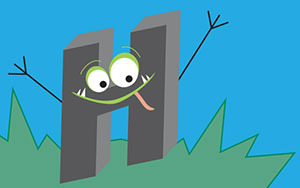 Cartoon picture depicting the capital letter H with eyes, smiling