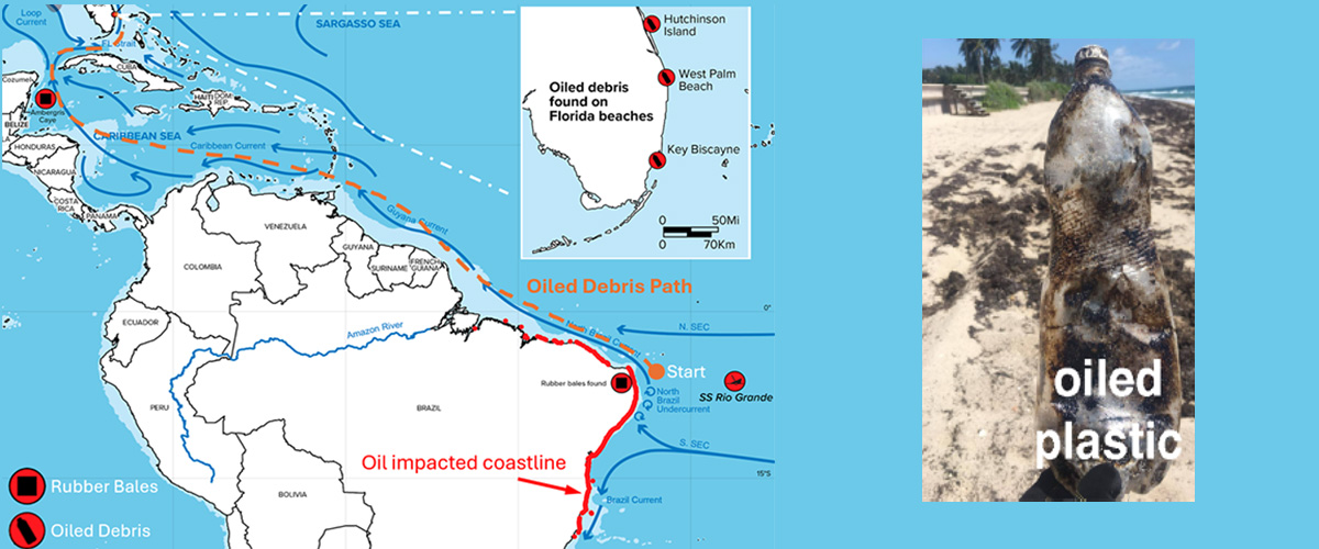 Illustration of a map showing the plastic travel from Brazil to Florida