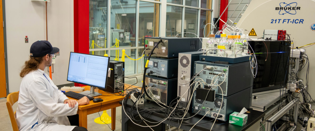 Analytical chemist David Butcher in the MagLab Ion Cyclotron Resonance facility, where scientists are working with FSU computer programmers to optimize data.