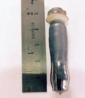 Large single crystal of silicon made in Baumbach's lab.