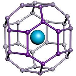 Representation of lanthanum hydride showing a lanthanum atom (blue) surrounded by hydrogen atoms, including those belonging to neighboring molecules in the compound’s atomic lattice.