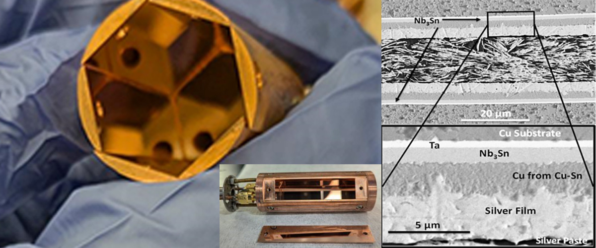 Small front: A view of the bare Cu cavity with one wall removed. Left: The cap is lifted showing the internal resonator.  Right: Nb3Sn film deposited on copper with uniform microstructure for the detector cavity.