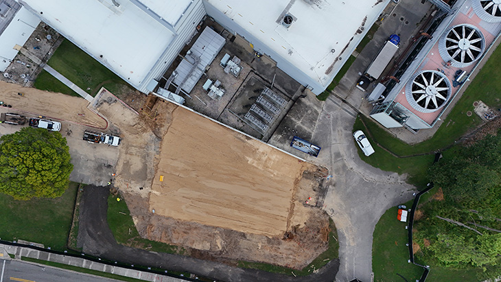 An aerial view of the MagLab’s current power yard (top, center) and the construction area where the yard will be expanded.