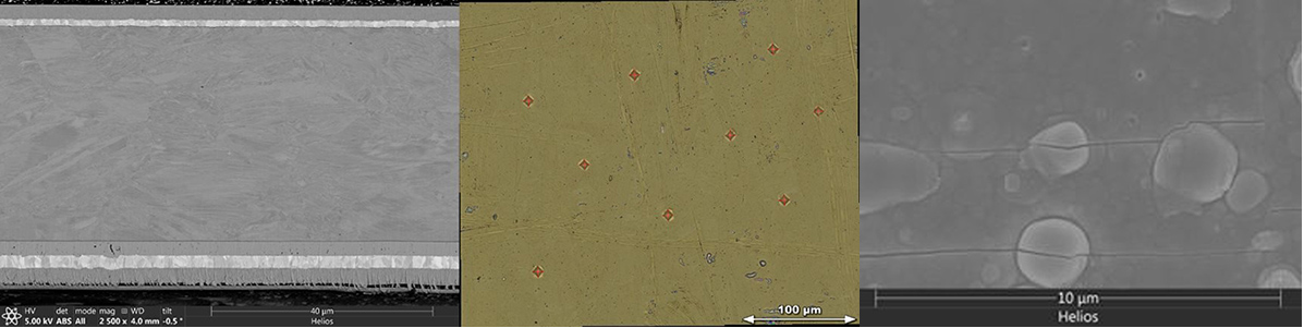 SEM Image of ReBCO cross-section; Top Surface HV Indents of Hastelloy/Buffer; cracking YBCO top surface after LBC test