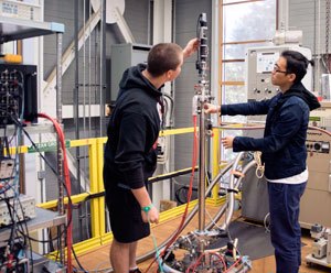 Petr Stepanov (left) and Jiawei Yang from the University of California Riverside research topological matter at the MagLab.