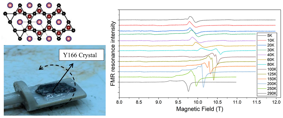 Top left: Kagome structure, Bottom left: YMn6Sn6 single crystal mounted on a rotating sample holder, Right: FMR signals at 240 GHz as a function of temperature, showing a magnetic phase transition  around 80K.