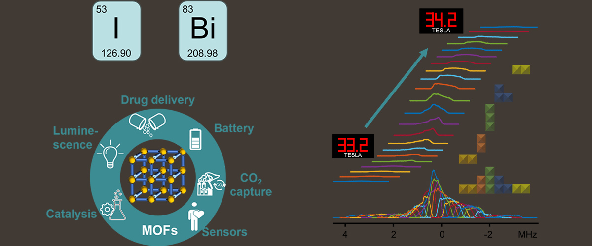 Left: The applications of metal-organic frameworks (MOFs). Right: 209Bi ultra-wideline solid-state NMR spectra acquired with field-stepped protocol using SCH magnet.