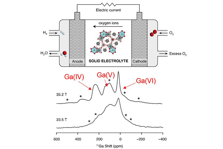 The electrolyte material incorporated in a solid oxide fuel cell.