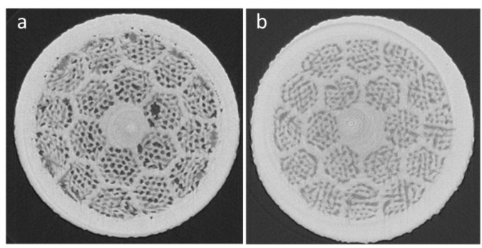 Cross sections of fully-processed Bi-2212 round wire. (a) Wire that was processed in 1 bar of flowing oxygen. The black regions are bubbles. (b) Wire that was OP processed at 100 bar total pressure. Note that there are no bubbles. These cross sectional images were computed from x-ray tomographs collected by Scheuerlein et al.