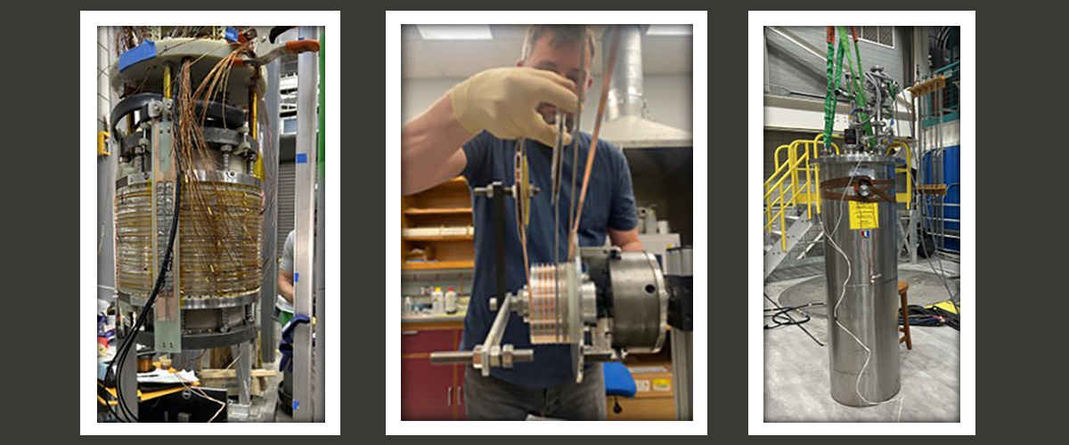 Large-scale coil (left), being wound (center) and in the dewar prior to insertion into the 45 T outsert (right)