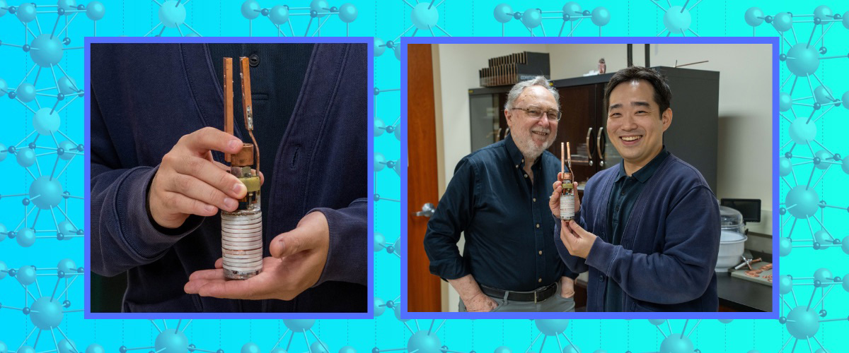 MagLab Chief Materials Scientist David Larbalestier and researcher Jeseok Bang (holding coil).