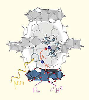 Monique van der Veen uses the interaction of light with a MOF to start chemical reactions of molecules inside the MOFs' pores. Here, a MOF called NH2-MIL-125 has adsorbed a molecule, the structure seen inside the gray MOF. Light (H+) is absorbed by the MOF, which induces the transfer of an electron from the molecule to the MOF.