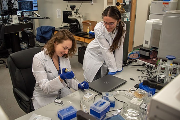 Graduate students Sophie Jermyn (l) and Mary Jean Savitsky (r) working in professor Jamel Ali’s lab at the National High Magnetic Field Laboratory.