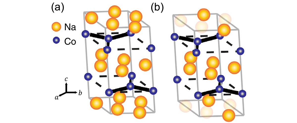 (a) Average crystal structure of Na2Co2TeO6 with each Na site 2/3 occupied; Te and O atoms have been omitted for clarity. (b) Representative structure showing Na-occupation disorder, 