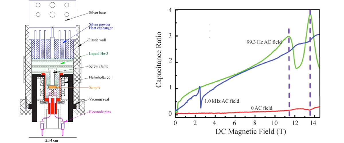 Magnetic-field-induced changes in the dielectric constant of Br-doped DTN at very low temperatures as a function of applied DC magnetic field at 20 mK.