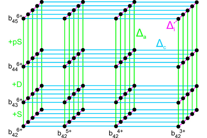 Connectivity network derived from protein mass spectrometry data. Individual features are represented as nodes, and links indicate reproducible relationships between them.