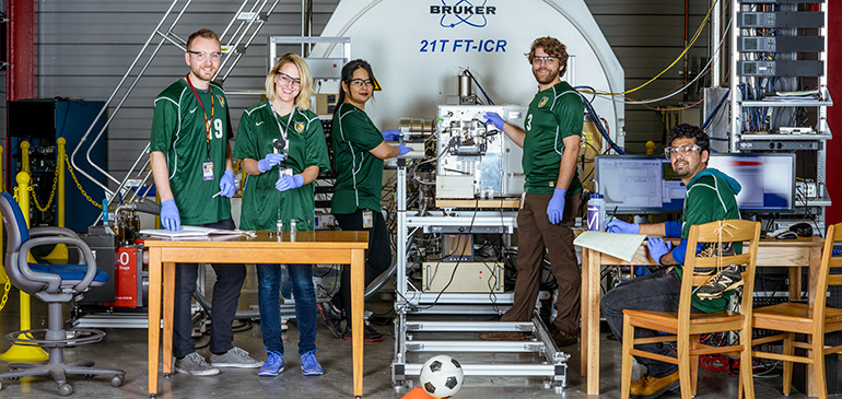 Representing the Ion Cyclotron Resonance team are (from left to right): Matthew Marshall and Anne Kellerman of Florida State University; MagLab chemist Huan Chen; graduate research assistant Jonathan Putman; and postdoctoral associate Naween Anand.