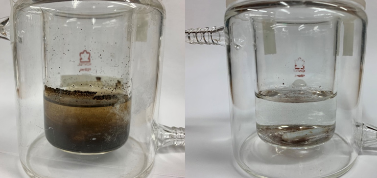 Left: The Athabasca bitumen sample after an experiment simulating photooxidation of spilled oil in the ocean. Right: The Wyoming sample after the same experiment.