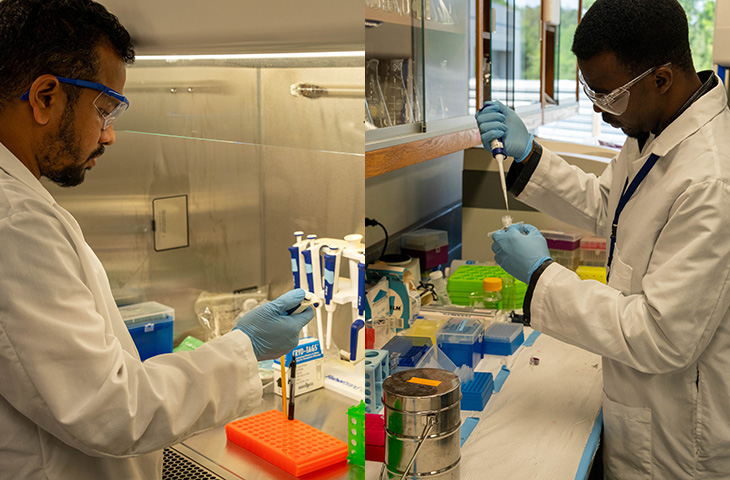 Postdoctoral fellow Rokon Khan and graduate research assistant Cletus Obi work on lipid nanodiscs in the Ayyalusamy Ramamoorthy’s lab.