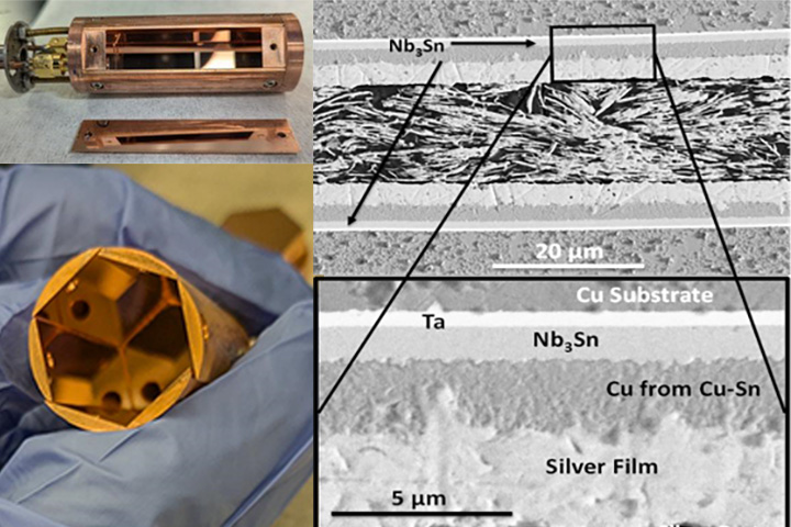 Nb3Sn film deposited on copper with uniform microstructure for the detector cavity.