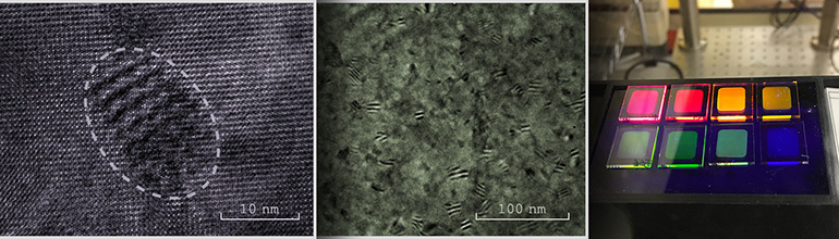 Left and Middle: High-resolution TEM images show the embedded nanocrystals of halide perovskites. Right: Bandgap-tuned perovskites produce stable light emission across the full visible spectrum.