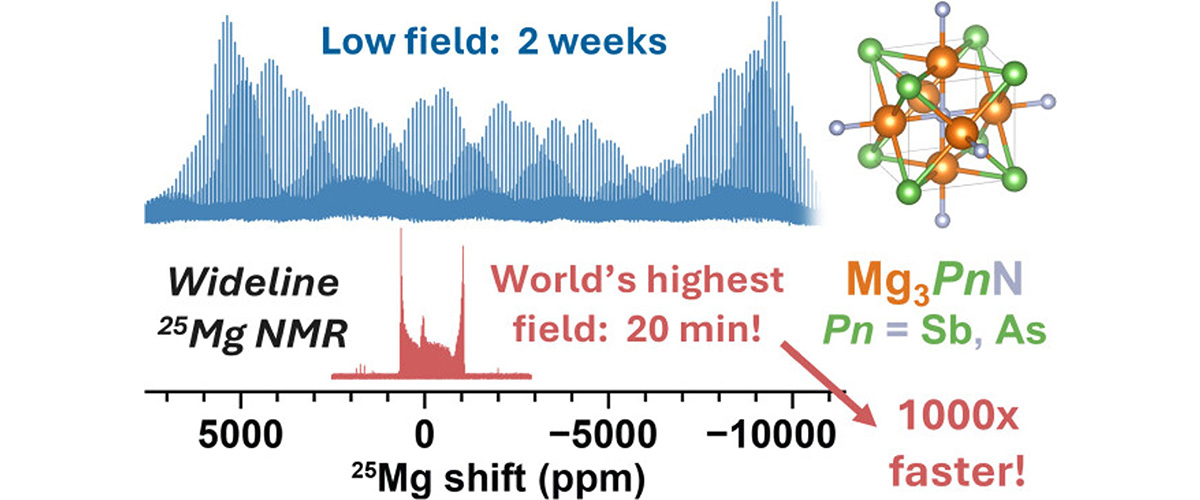 At lower magnetic fields, 25Mg solid-state NMR spectra required nearly two weeks of spectrometer time (blue). 