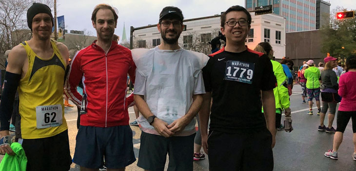 Several MagLab scientists ran the 2018 Tallahassee Marathon. Left to right: David Graf, William Coniglio, Ryan Baumbach and Wenkai Zheng.
