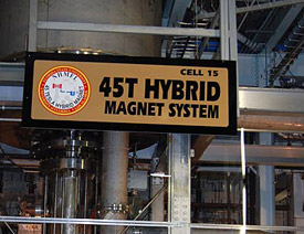 Tesla ("T" for short) is a unit of magnetic field. The MagLab's world-record hybrid is 45 tesla.