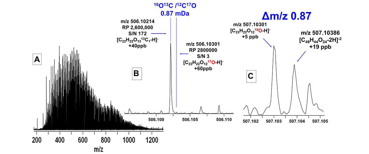 (A) Broadband 21 T FT-ICR mass spectrum of Suwanee River Fulvic Acid, a Natural Organic Matter reference standard.  (B) Mass-scale zoom inset that highlights the need for resolving power sufficient to separate species 