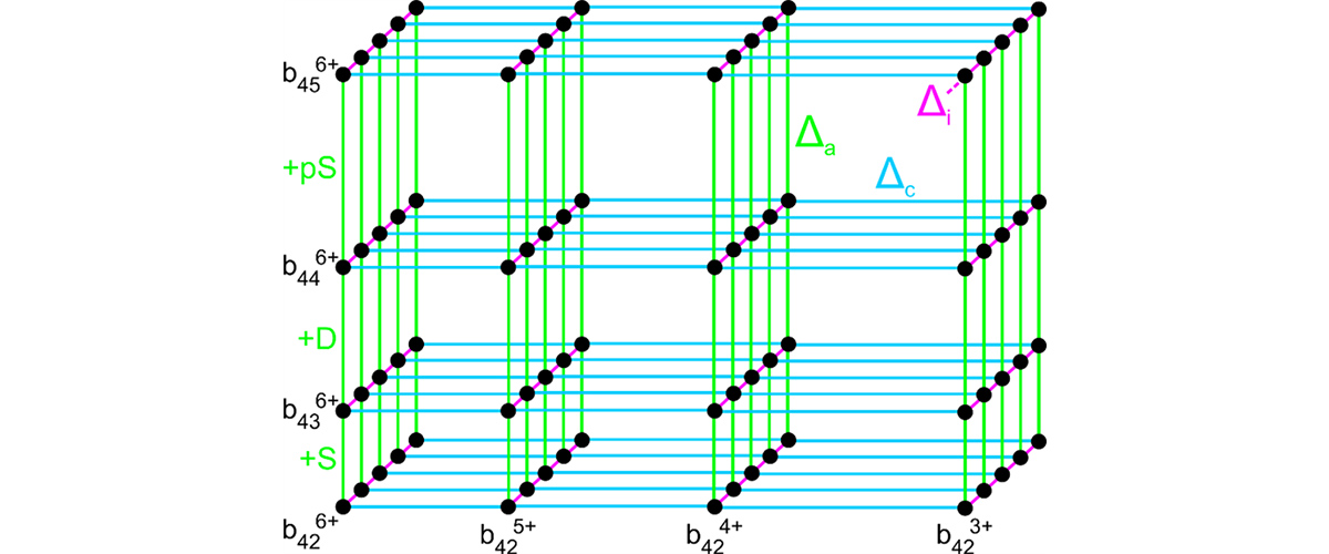 Connectivity network derived from protein mass spectrometry data. Individual features are represented as nodes, and links indicate reproducible relationships between them.